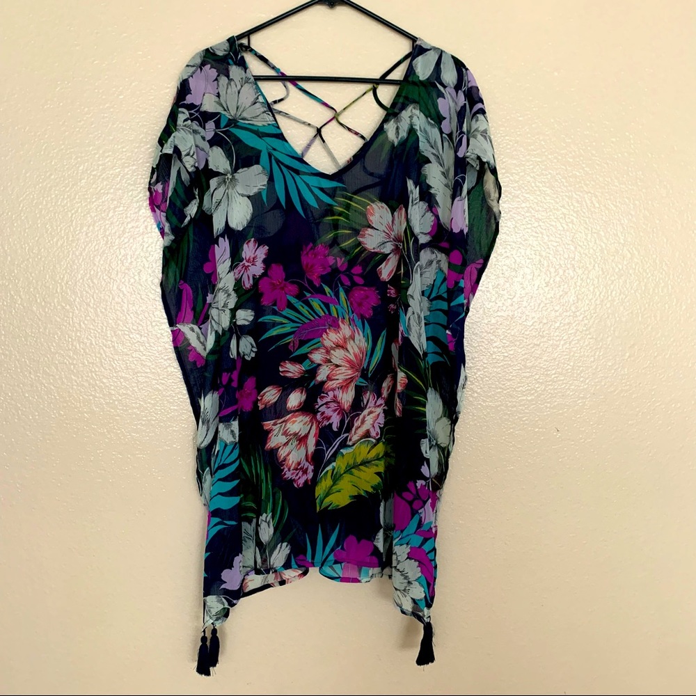 Kona Sol Navy Floral Open Back Swim Cover Up Sz S